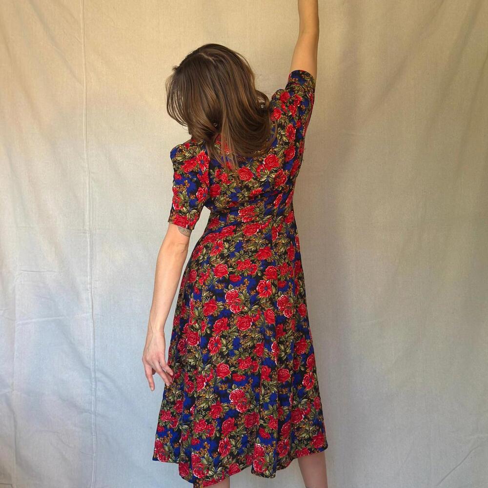 80s Black Floral Button Front Dress - Picture 4 of 12